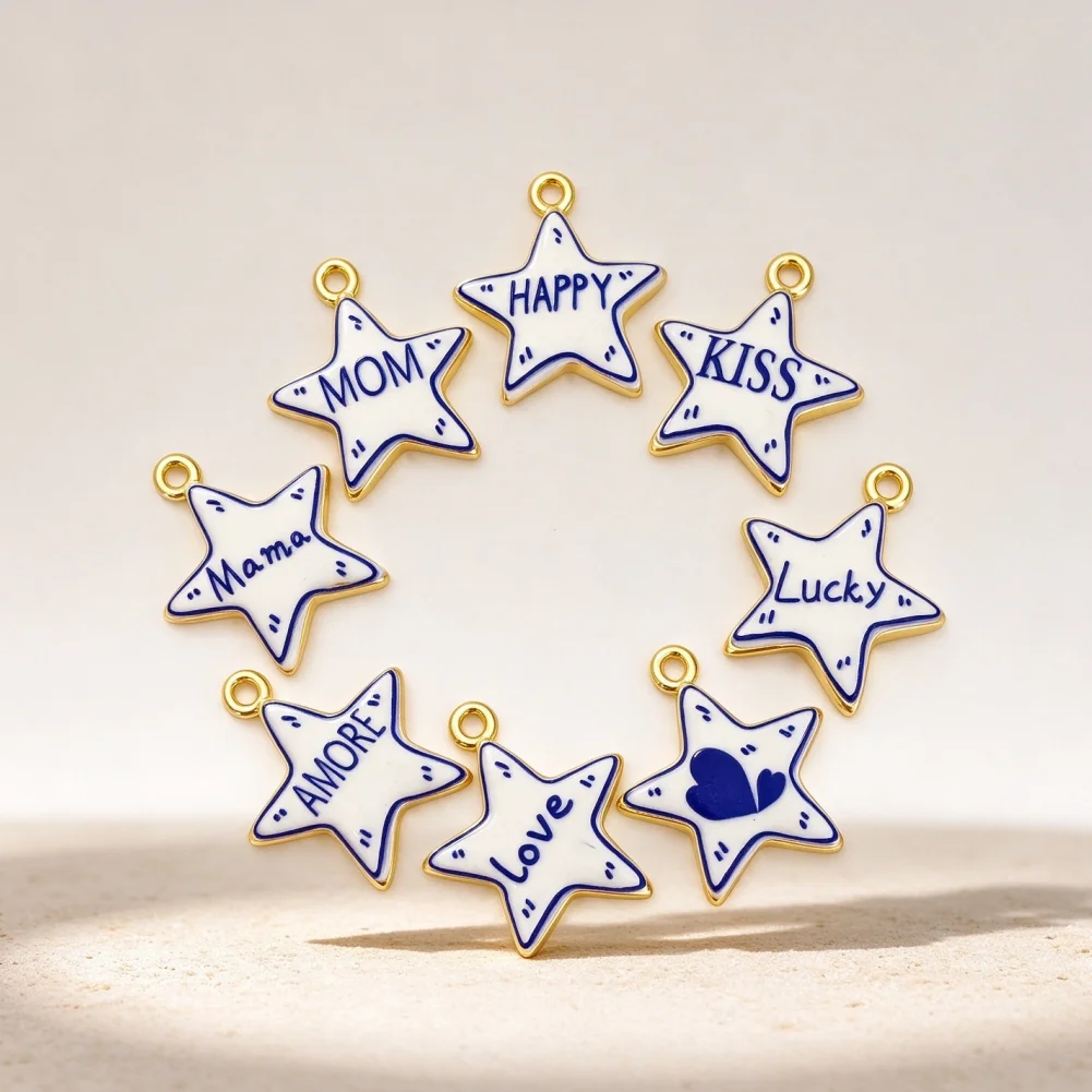 4Pcs Pendants Sparkling Brass Enamel Star White Base Blue Letter Pattern Charms Diy Jewelry Accessories Necklace Bracelet Making
