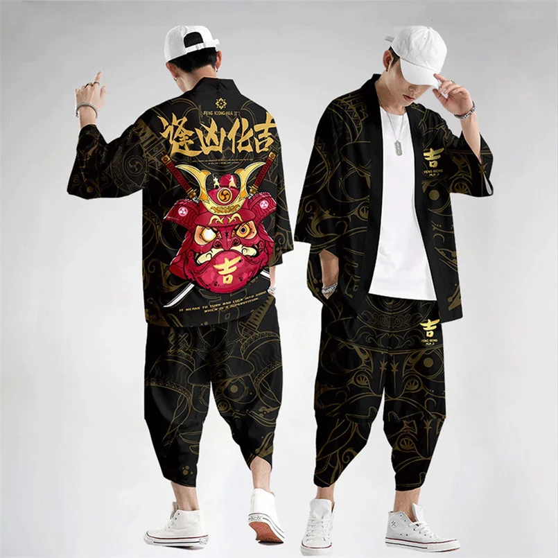 Two-piece Suit Oversize XXS-6XL Loose Japanese Cardigan Women Men Cosplay Yukata Clothing Harajuku Samurai Kimono + Pants Sets