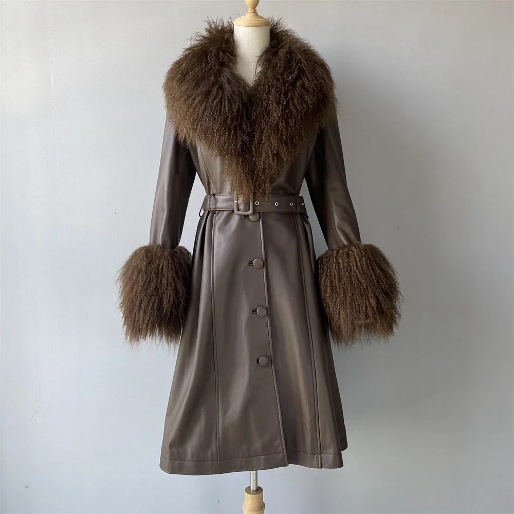 Jaxmonoy Cappotto in pelle di pecora da donna con pelliccia naturale mongola Lady Autunno Cappotti lunghi in vera pelle 2025 Nuovo arrivo Capispalla
