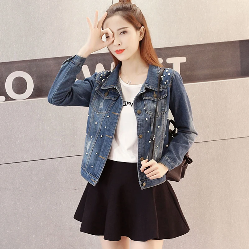 

Size S-5XL Denim Jacket Women Spring Autumn Nice Pop Casual Easy To Match Beading Long Sleeve Loose Denim Coat