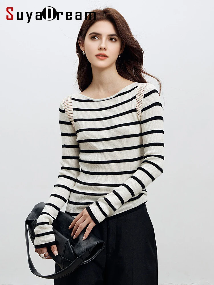 SuyaDream, Women Striped Pullovers, Slash Neck, Sheep Wool Blend, Long Sleeved Sweaters, 2025 Fall Spring Cozy Top