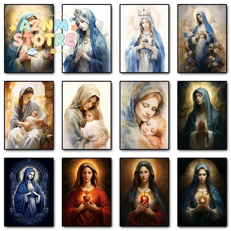 Blessed Virgin Mother Mary Poster and Print Canvas Painting Christian Faith Wall Art Picture for Religiou Church Room Home De