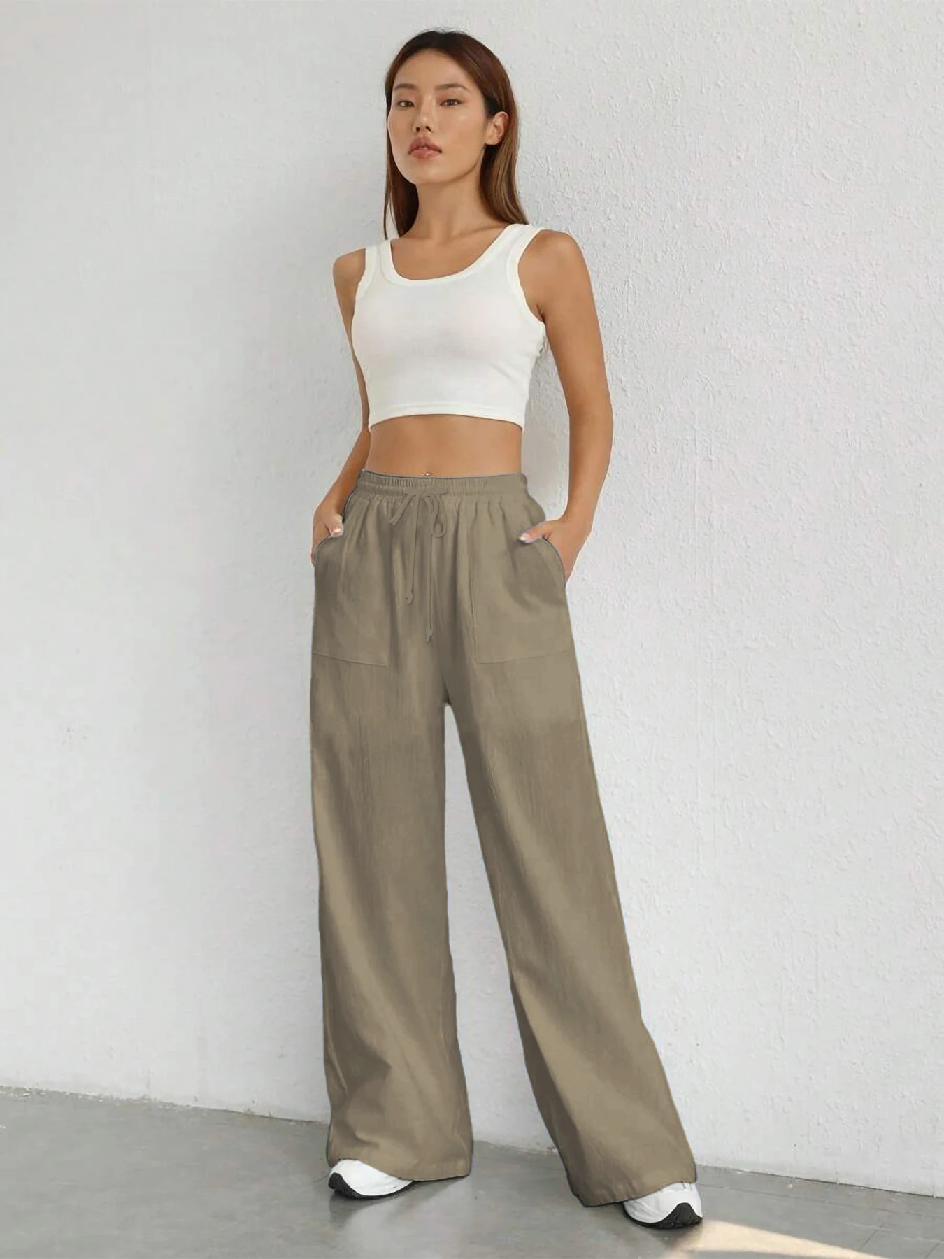 Damen-Hose in Unifarbe, lockere Hose mit weitem Bein, lässige Hose mit Kordelzug, gerade Hose mit Taschen, lässige Hose, lockere Hose mit hoher Taille – Detail 27