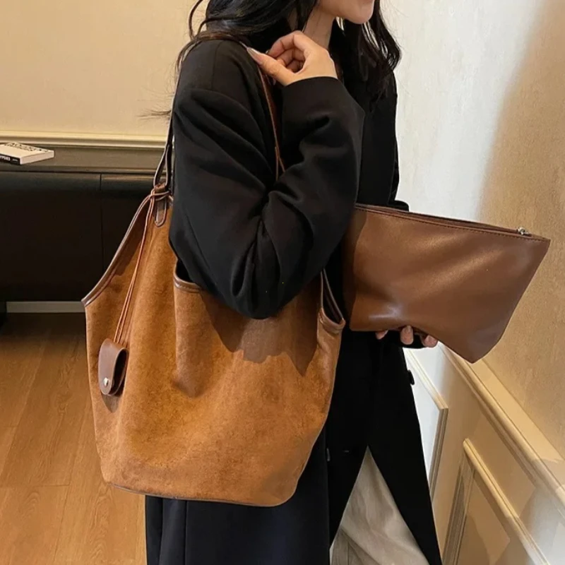 

Retro Large Capacity Suede Shoulder Bag Women's Casual Commute Tote Bag Soft Surface Single Shoulder Bag Loose Feeling Purse