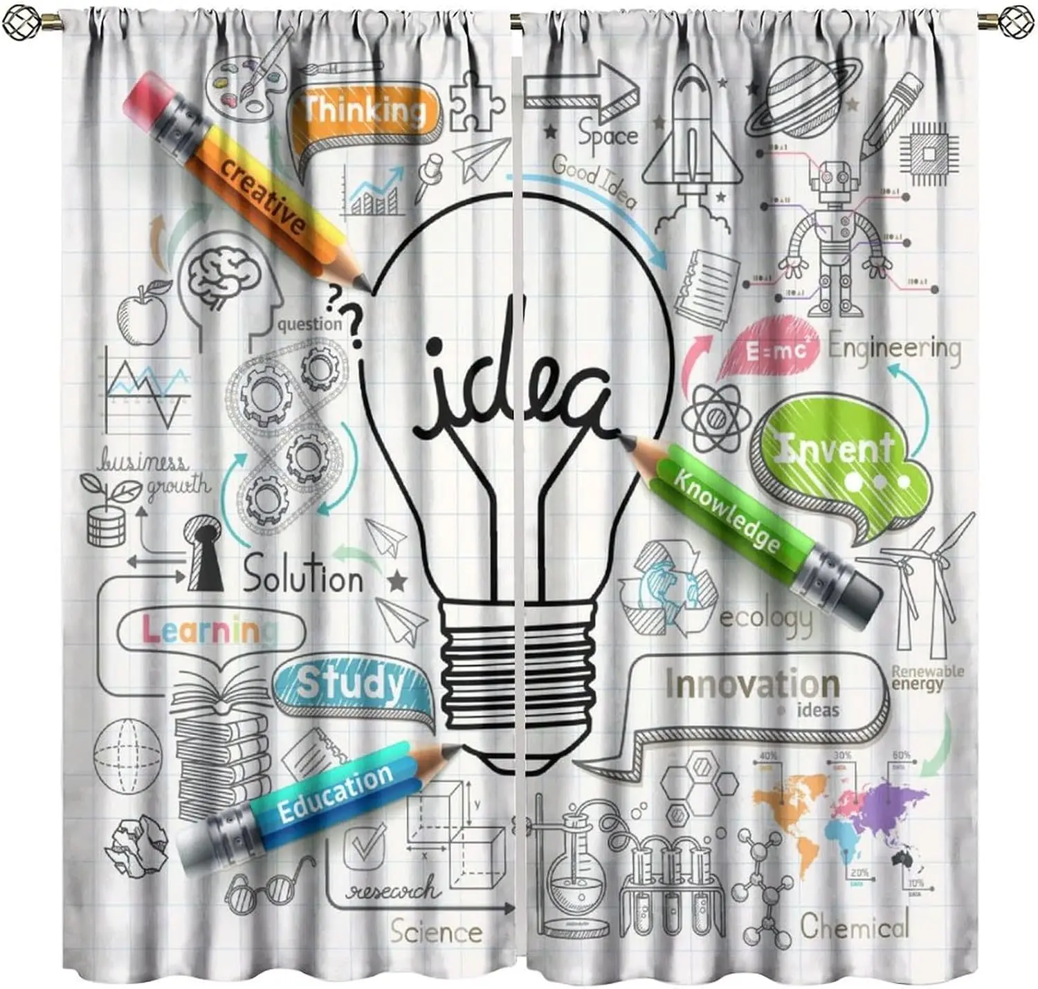 Cartoon Science Educational Blackout Curtains, Math Chemistry Physics Print 2 Panels Drapes for Boys Girls Nursery Bedroom Decor