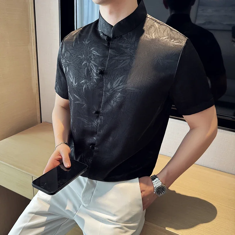 Chinese-style Tang Suit with Stand Collar and Button-down Short Sleeves, Printed Black Slim-fit Short-sleeved Shirt. Tang Suit