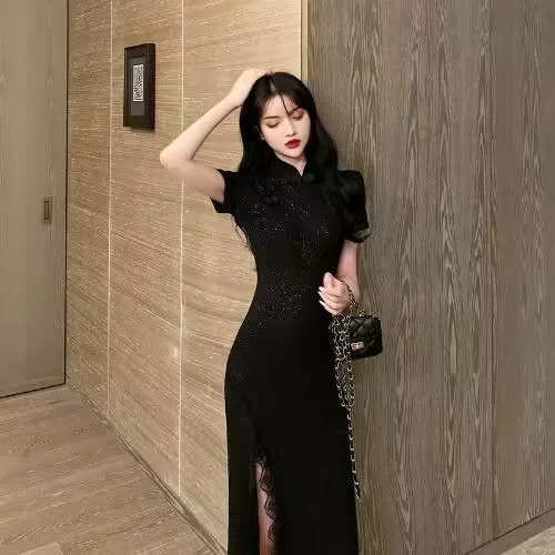 Black fashion O-collar printing stitching sexy Slit dress sexy short-sleeved high-waist hip hip pencil dress