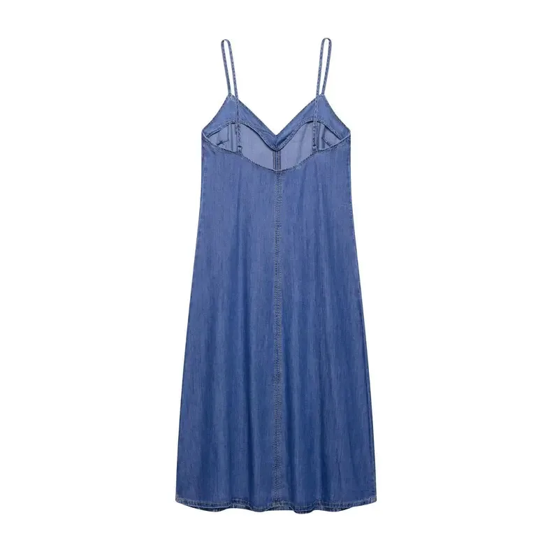 Elegant Casual Retro Ladies Sling Dress Pure Blue V-Neck Backless Long Design Spring Summer Fashion Beach Holiday Wear