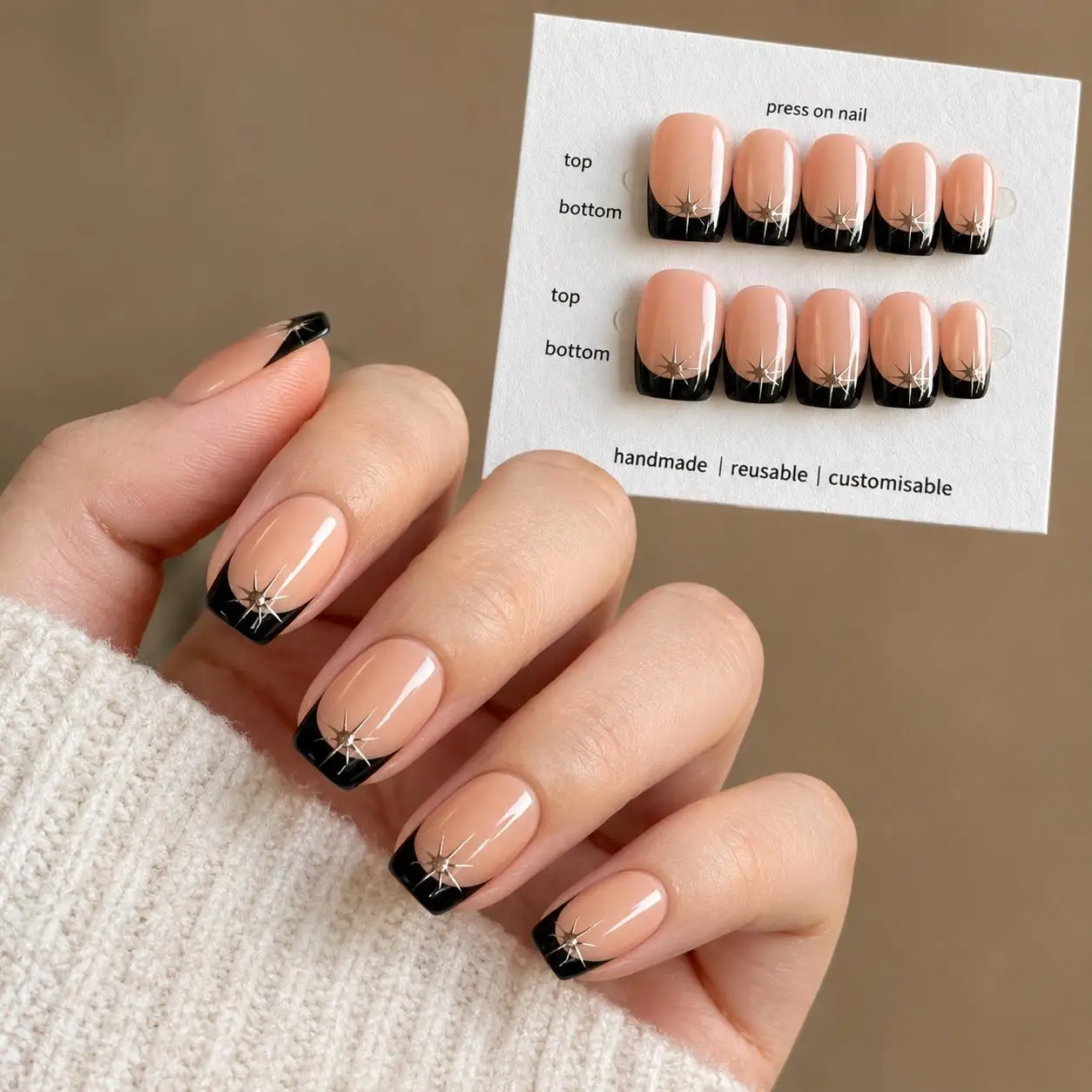 10pcs Nude Handmade Press on Nail Art Classic French Almond Full-Coverage Nail Tips Detachable Wearable False Nail for Women