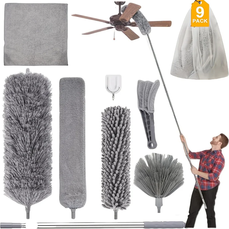 

us9/12pcs Microfiber Duster Kit for High Ceiling, Extendable Dusters for Cleaning with 100" Extension Pole, Washable and Retractable Long Feather Duster for Home Car Furniture Cobweb, Blinds, House Cleaning Tool Kitd