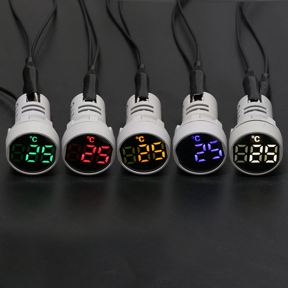 22mm Mini termometr z tworzywa sztucznego LED cyfrowy-20-119 celsjusza 50-380V AC niebieski czerwony biały żółty zielony lampka dyżurna miernik