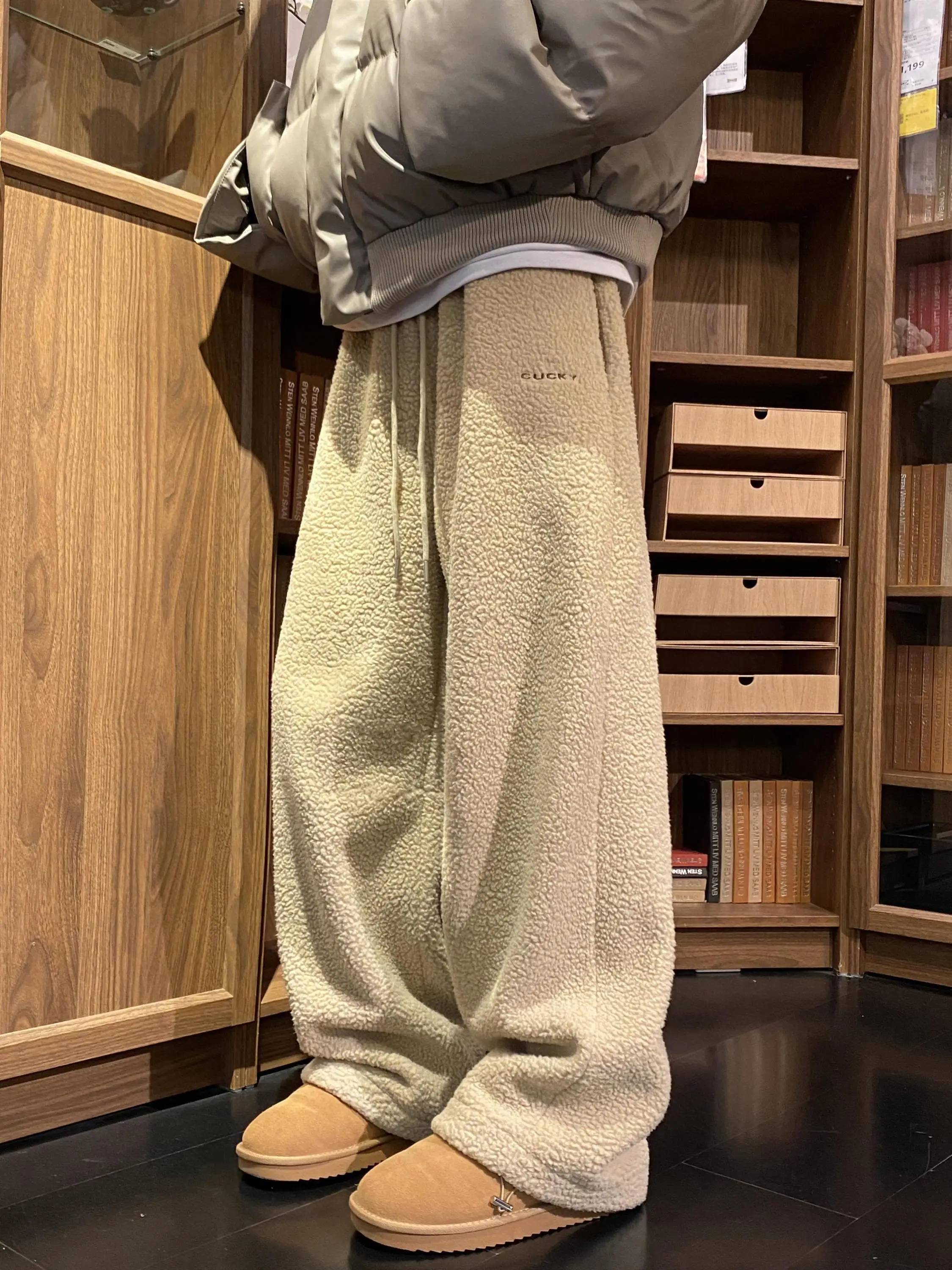 

Повседневные брюки цвета хаки на подкладке, прямые широкие брюки, модные осенне-зимние мужские и женские теплые спортивные штаны с мехом ягненка, брюки для отдыха