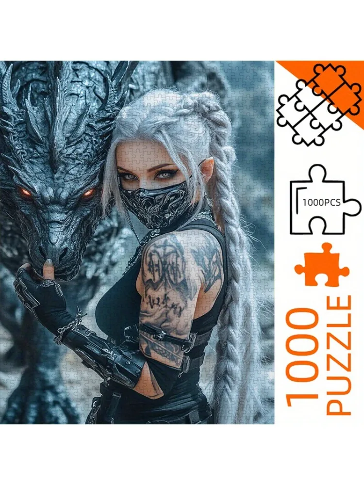 1000 pièces bricolage papier Puzzle, fille gothique foncée avec Dragon, Dragon tatouage fille, Puzzle de Style européen et américain pour adultes, Sui