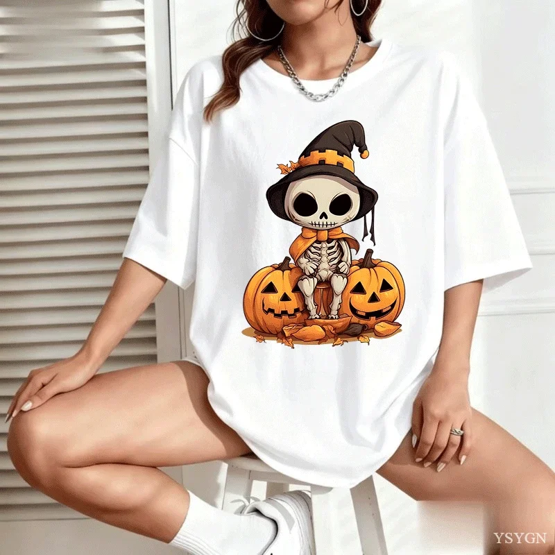 Cute-Ghost-Pumpkin Spice Fall Halloween Design Graphic T-Shirt Oversized Tee for Women Unisex Wear Blouse Spooky Season Gifts