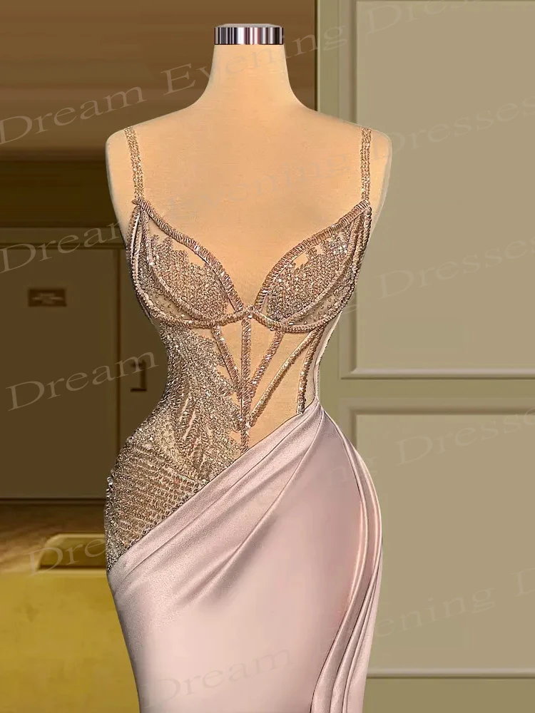 Exquisitos Vestidos De Noche De sirena rosa con tirantes finos, Vestidos De graduación sin mangas con lentejuelas, Vestidos De Fiesta Elegantes personalizados