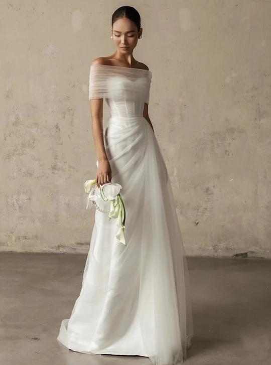 تخصيص لتدابير فستان الزفاف plakleri قبالة الكتف على شكل حرف a فتحة جانبية على شكل قلب تول الزفاف