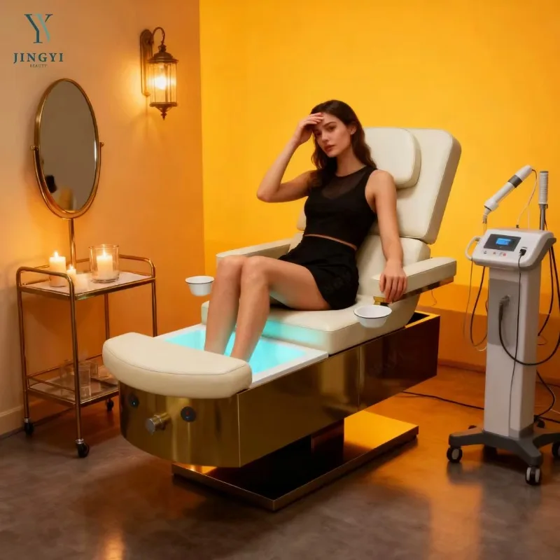 Modern Luxury Gold Base Electric Light Surfing Pedicure Shampoo Bed White Water Therapy Hair Washing Salon Bed