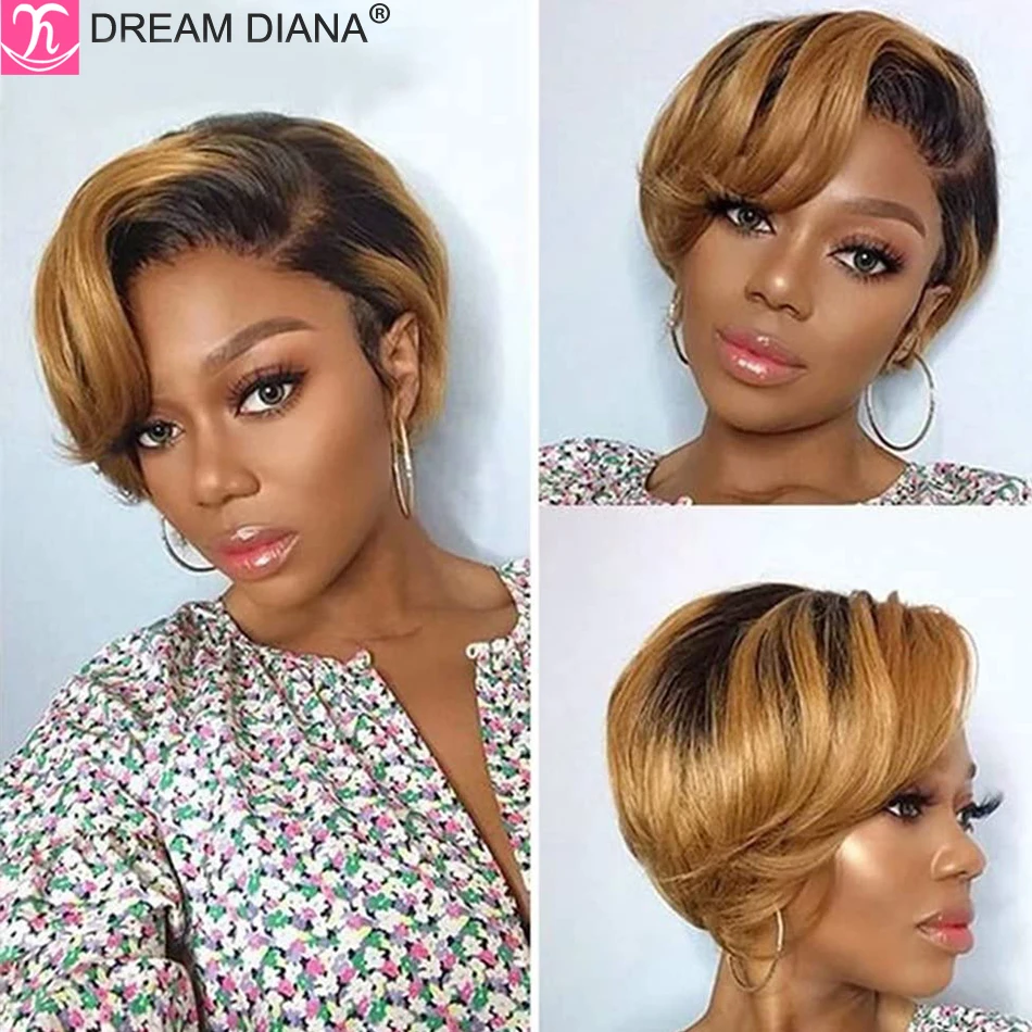 

100% Human Hair Pixie Cut Bob Lace Front Wigs 6" 13x4 HD Lace Ombre Short Bob Glueless Pre Plucked Frontal Lace Wig For Summer