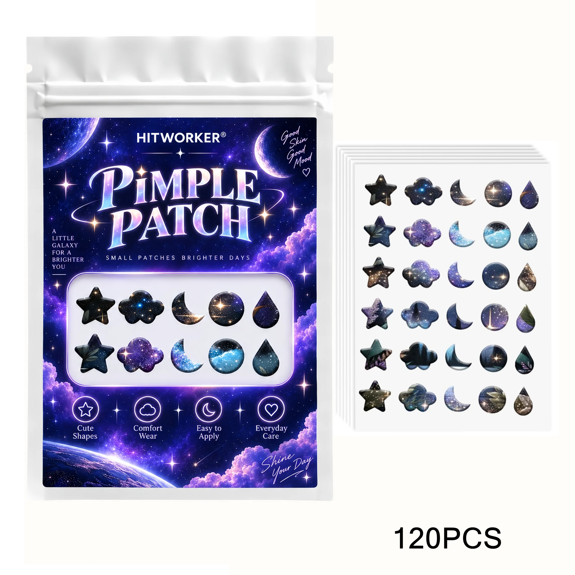 120pcs Hydrocolloid Pimple Patches, Star Shape Spot Cover Stickers, Iridescent Face Patch, Ultra-Thin Easy Peel Day Night Use