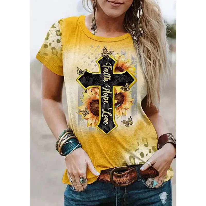 

New Jesus Cross Leopard 3D Print T-shirt Women Streetwear Short Sleeve T Shirts Harajuku Oversized Y2k Tops Tees Female Clothing