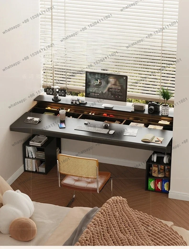 ~French retro solid wood electric lifting table rock slab study desk computer e-sports desk bookcase integrated