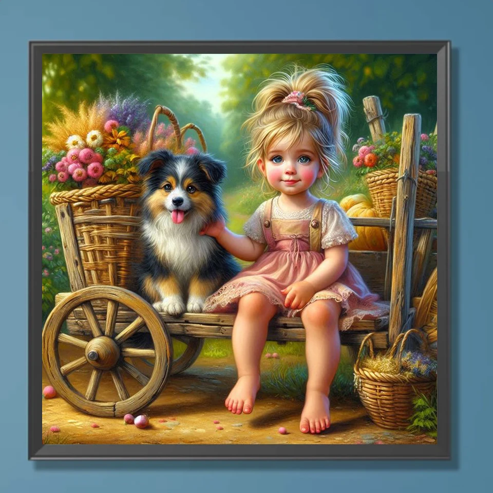 Diamond Painting Blonde Little Girl and Animals Dog Cat Pictures Full Diamond Mosaic Cross Stitch Kit Home Wall Decoration Gift