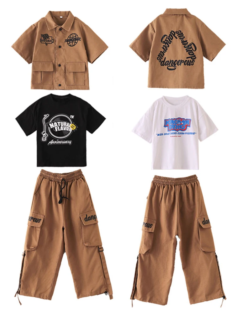 Girls Jazz Costume Short Sleeves Brown Hip Hop Suit Boys Teenagers Stage Performance Outfit Modern Hip Hop Dance Clothes