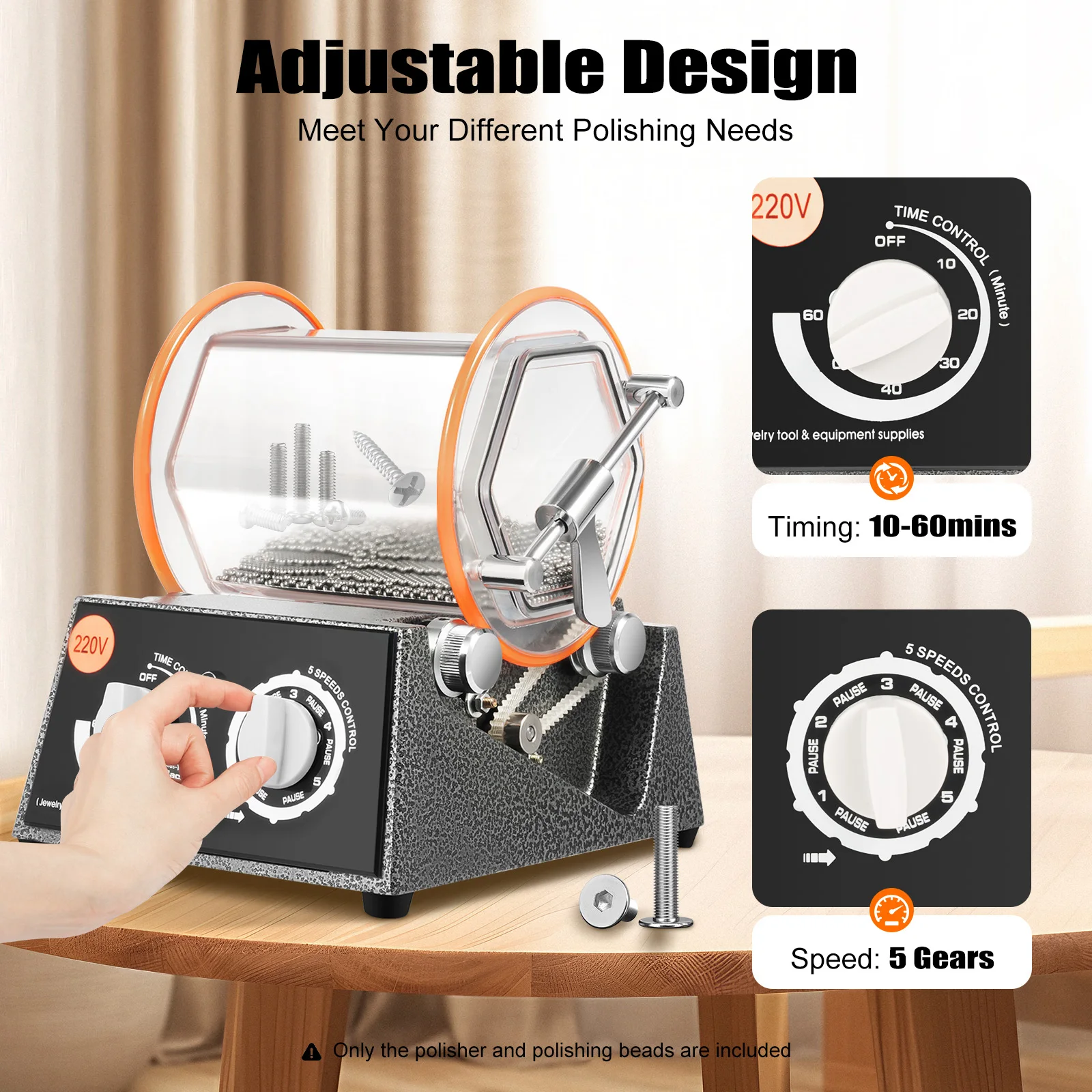 45W Jewelry Polishing Machine Kit, 3KG Capacity Polishing Machine, Adjustable Dual Rotation Jewelry Polisher with Polishing Bead