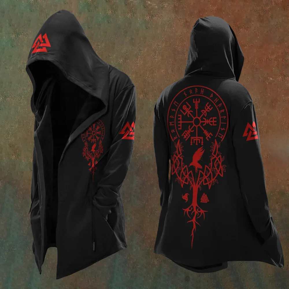 Men Viking Yggdrasil Tree of Life Raven Rune Hooded Cloak, Norse Vegvisir Compass Valknut Symbol Open Front Long Hoodie Coat