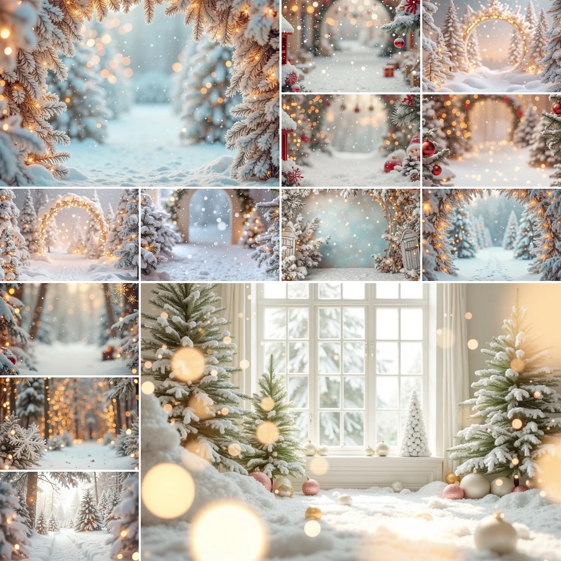 

MOON.QG Festive Christmas Trees Forests Photo Background Red House Gifts Snow Path Backdrop Decorations Party Accessories Poster