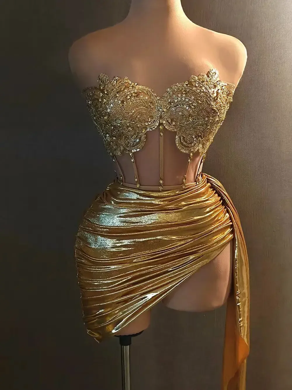 Stock Golden Color Shinning Sequins Sexy Strapless Bodycon 2 Pieces Dress Fashion Nightclub Party Bar Singer Performance Costume