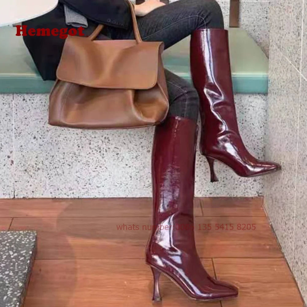 Burgundy Patent Leather Knee High Boots Square Toe Kitten Heels Women\'s Boots Winter Glossy Slip On Casual Shoes Luxury Autumn