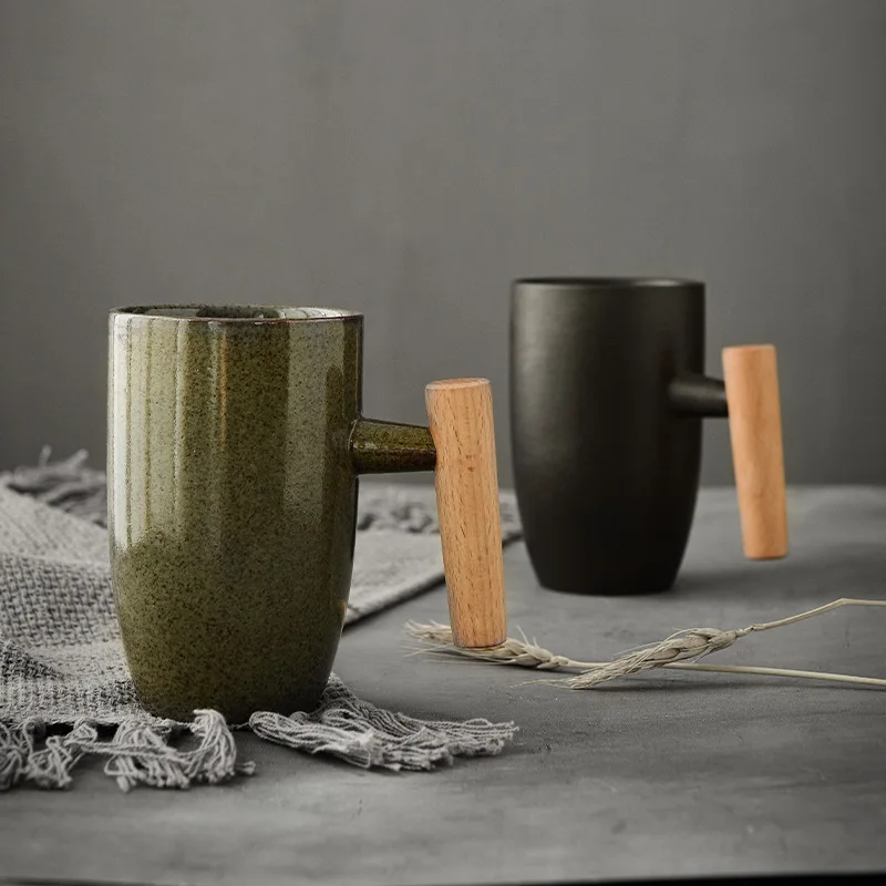 Ceramic Coffee Creative Style Kiln Turned Wooden Handle Large Capacity Office Water Cup Vintage Milk Cup