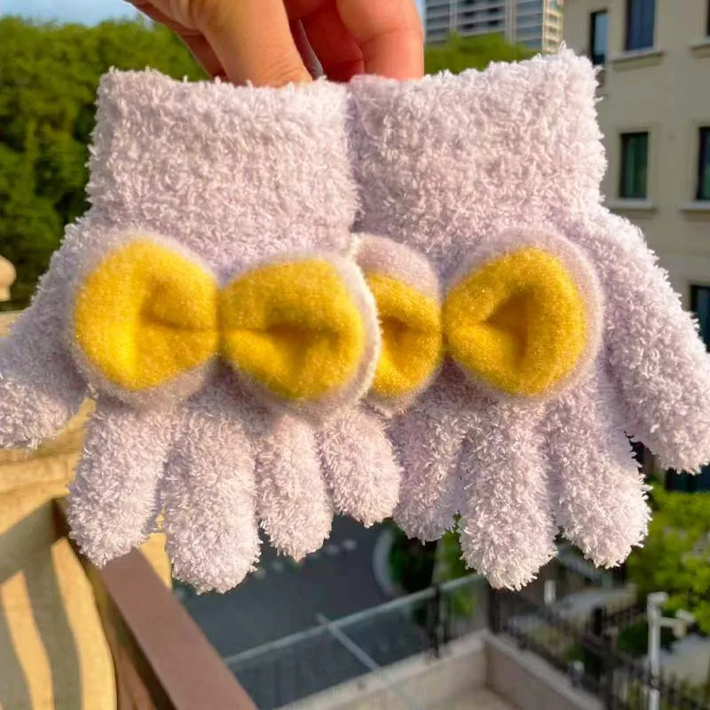 女の子用ぬいぐるみニット手袋冬保温防寒フルフィンガー学生手袋子供屋外かわいいリボン手袋2-6歳