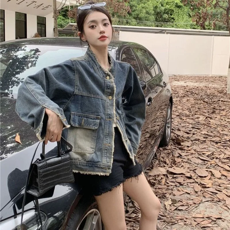 Women's Fall Spring Tops Coat Cowboy Round Neck Raw Edge Vintage Simple Loose Casual Designed Fashion New Niche Versatile Skinny