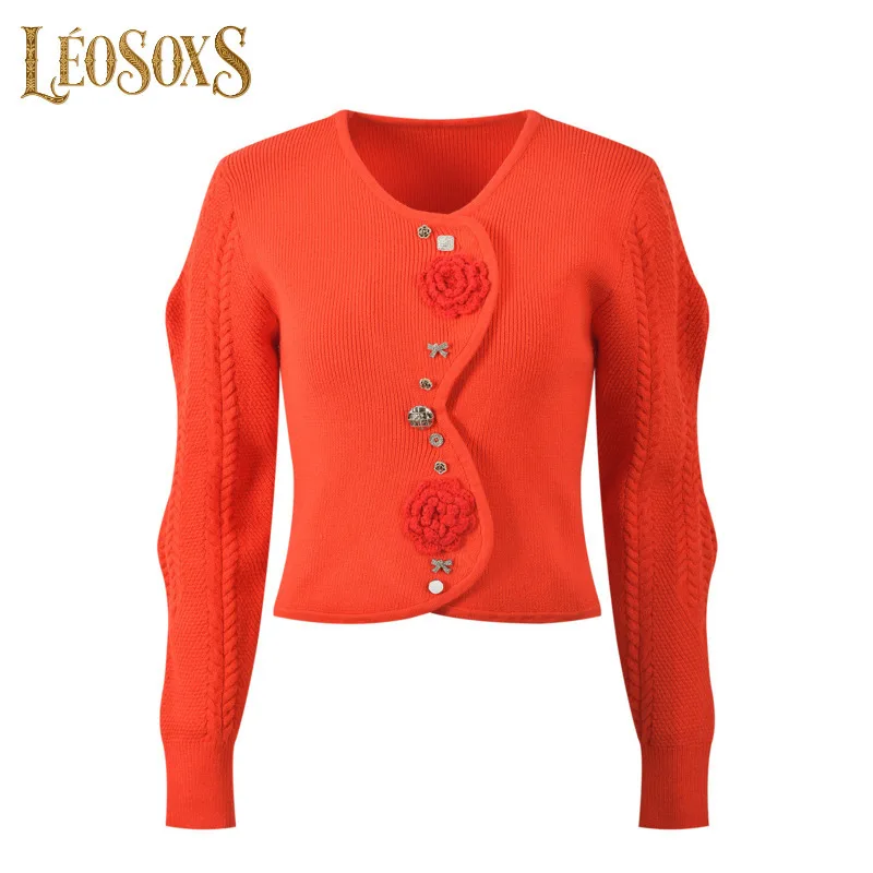 

Женский оранжевый вязаный кардиган LEOSOXS с 3D-цветами, пуговицами и рукавами-косичками, укороченный, для повседневных и шикарных мероприятий, 2025