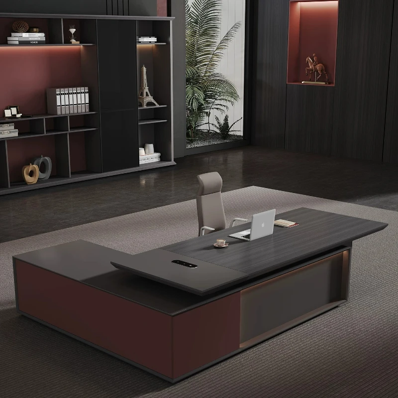 T*-Cable Management & Premium Black Wood Boss Desk with Wine Red Side Cabinet, LED Light for High-End Commercial Use*-