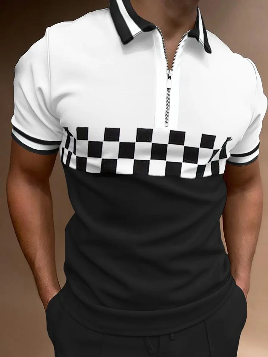 

Summer Men Clothing Zipper Polo Shirts Lattice splicing Short Sleeve Quick-dry Breathable Comfortable Polos Oversized Shirt TOPS