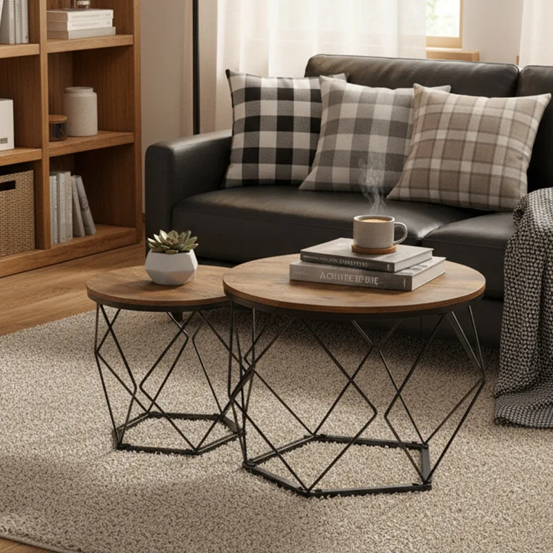 Nordic retro round coffee table wood Internet celebrity wrought iron creative modern small apartment
