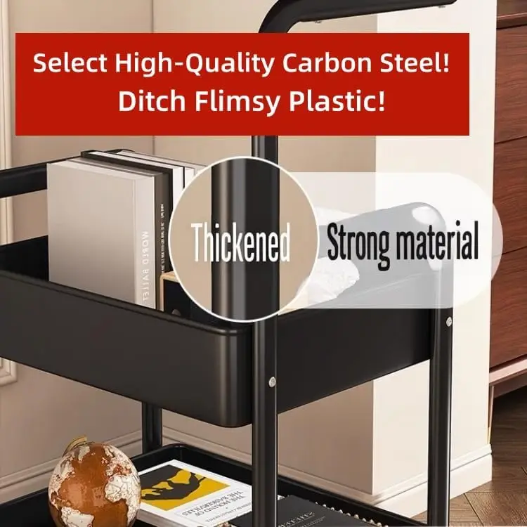 3Tier Metal Rolling Utility Cart Organizer with Walnut Table Top, Stable and Sturdy Rolling Storage Carts with 2 Lockable Wheels