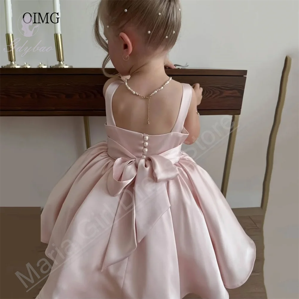 Pink Satin Flower Girl Dress Square Neck Wedding Party Holy Communion Knee-Length Children's Birthday Clothing image 2