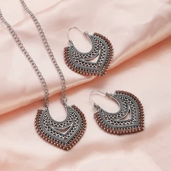 Vintage Handmade Jewelry Set Geometric Antique Silver Color Hollow Heart Drop Earring Necklace Women's Statement Jewelry New