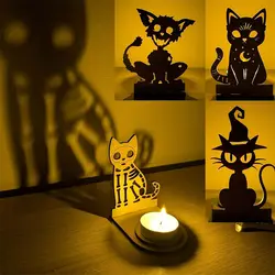 Halloween Skeleton Cat Tealight Candle Holder Shadow Caster Decorations Metal Desk Candlestick Holder Tabletop Decorative