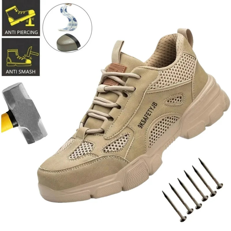 

Летние дышащие рабочие туфли с сетчатым верхом, с противоскользящими и ударопрочными свойствами, мужские черные легкие защитные ботинки