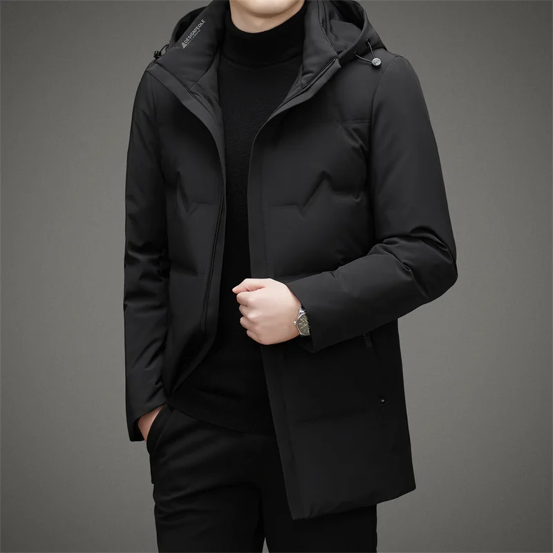 Men's Mid Length Down Jacket 2023 Winter New Middle-aged Business Casual Hooded Warm Jacket