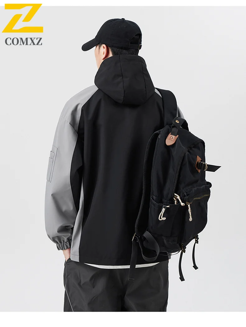 Windbreakers Men's 2025 New Hiking Waterproof  Hooded Zipper Coat Male Autumn Cargo Splicing Camping Loose Thin Softshell Jacket