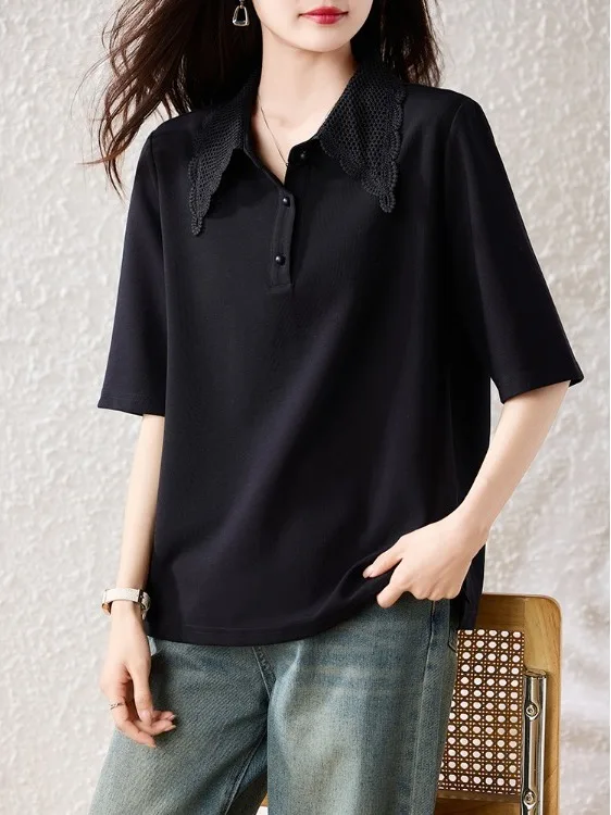 

Elegant Lace Collar Short Sleeve Shirt Women's Summer New Style plus Size Slimming Top European Design Sense Commute Style