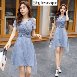 2024 New Mesh Splicing Korean Summer Denim Dress Set, Sweet and Loose Temperament, Waist Cinching Skirt for Woman