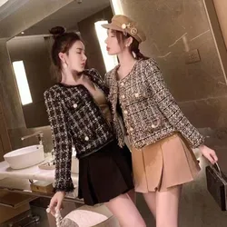 Autumn Winter Fashion Korean Chic Vintage Tweed Woolen Jacket Coat Plaid Tassel Outerwear Elegant Slim Streetwear Coats Women