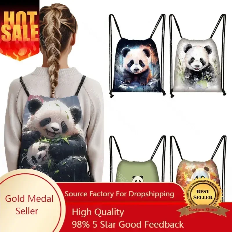 Cute Panda Drawstring Bag for Girls Travel Storage Package Cartoon School Backpacks Children Bookbag Kids Shoes Holder Gift